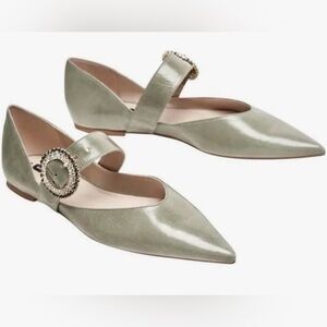 Zara Mint Green Leather Pointed-Toe Flats – Jeweled Buckle – EU 40 / US 9